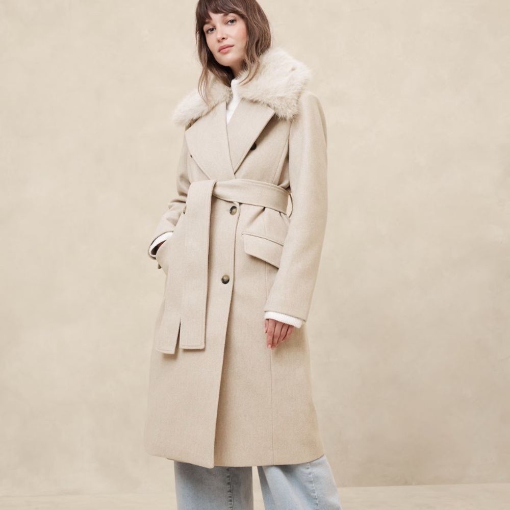 NWT XL Banana Republic Factory Cream Trench Coat with Fur Collar - Picture 2 of 5